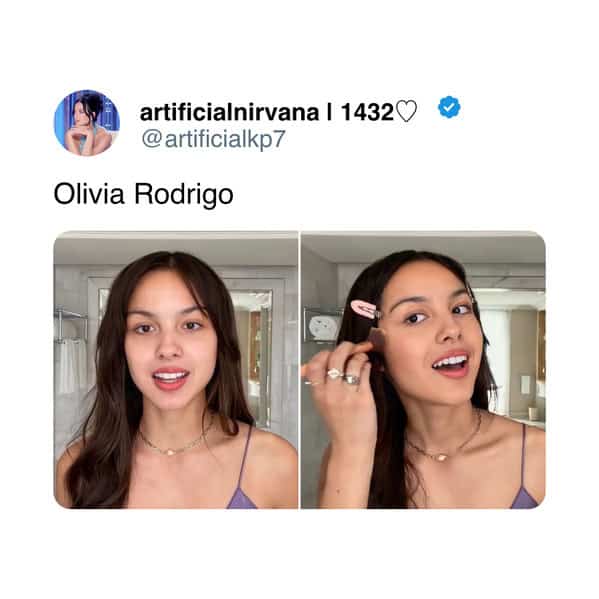 Olivia Rodrigo before and after makeup application showing natural skin texture and glow.
