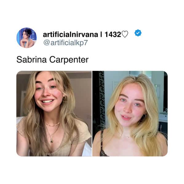 Sabrina Carpenter smiling naturally in side by side bare faced portrait comparison.