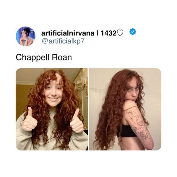 Chappell Roan with curly red hair posing casually without stage makeup or costume.