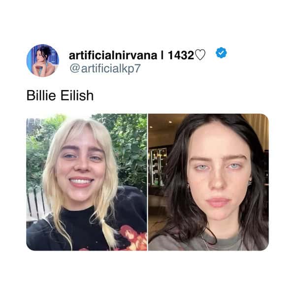 Billie Eilish side by side comparison showing blonde and black hair natural looks.