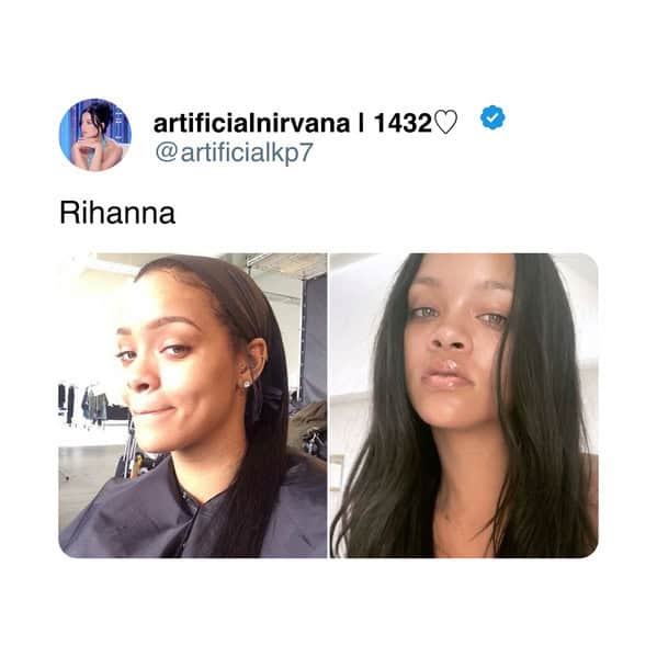 Rihanna side by side photos showing radiant clear skin without cosmetics or styling.