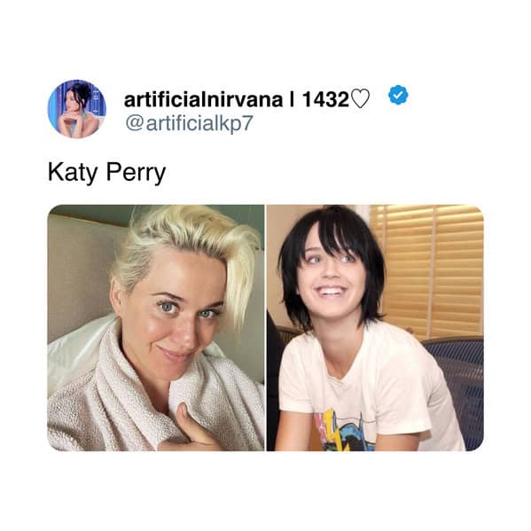 Katy Perry selfie in towel and casual t-shirt photo showing natural bare face.