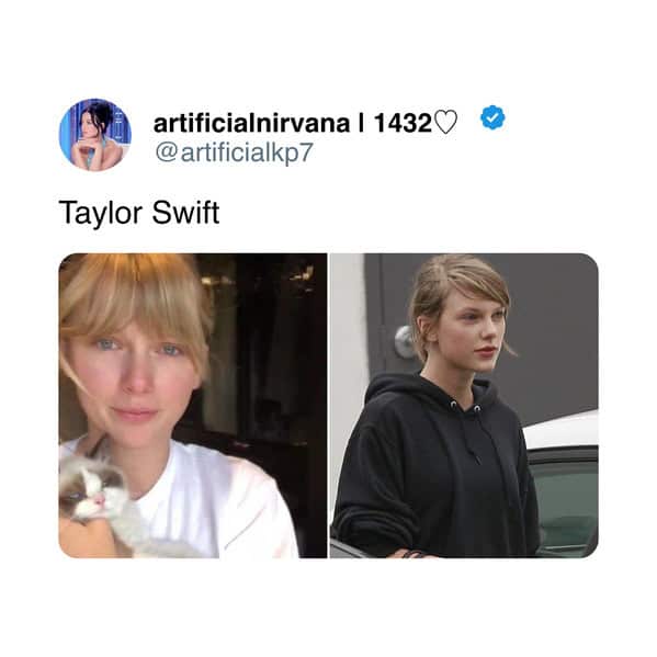 Taylor Swift holding cat and wearing hoodie in casual natural no makeup photos.