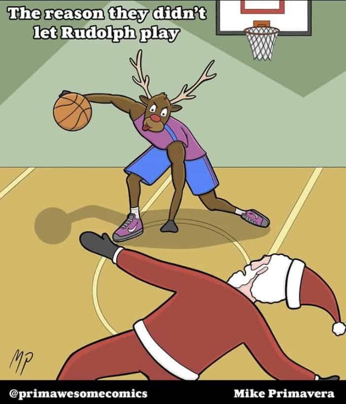 Rudolph the reindeer crossing over Santa Claus in a basketball game.