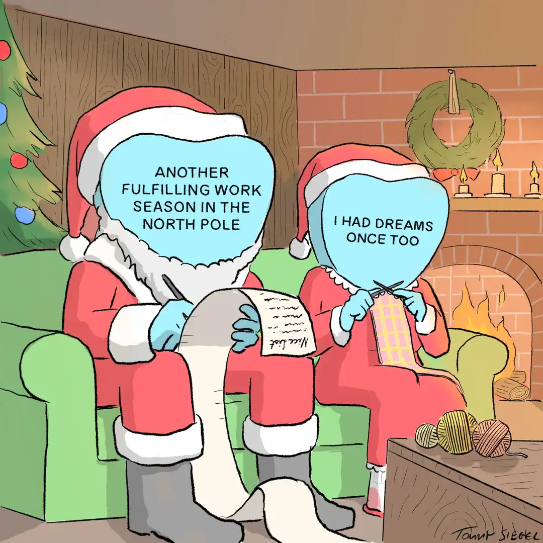Candy heart dressed as Santa writing list next to depressed candy heart elf knitting.