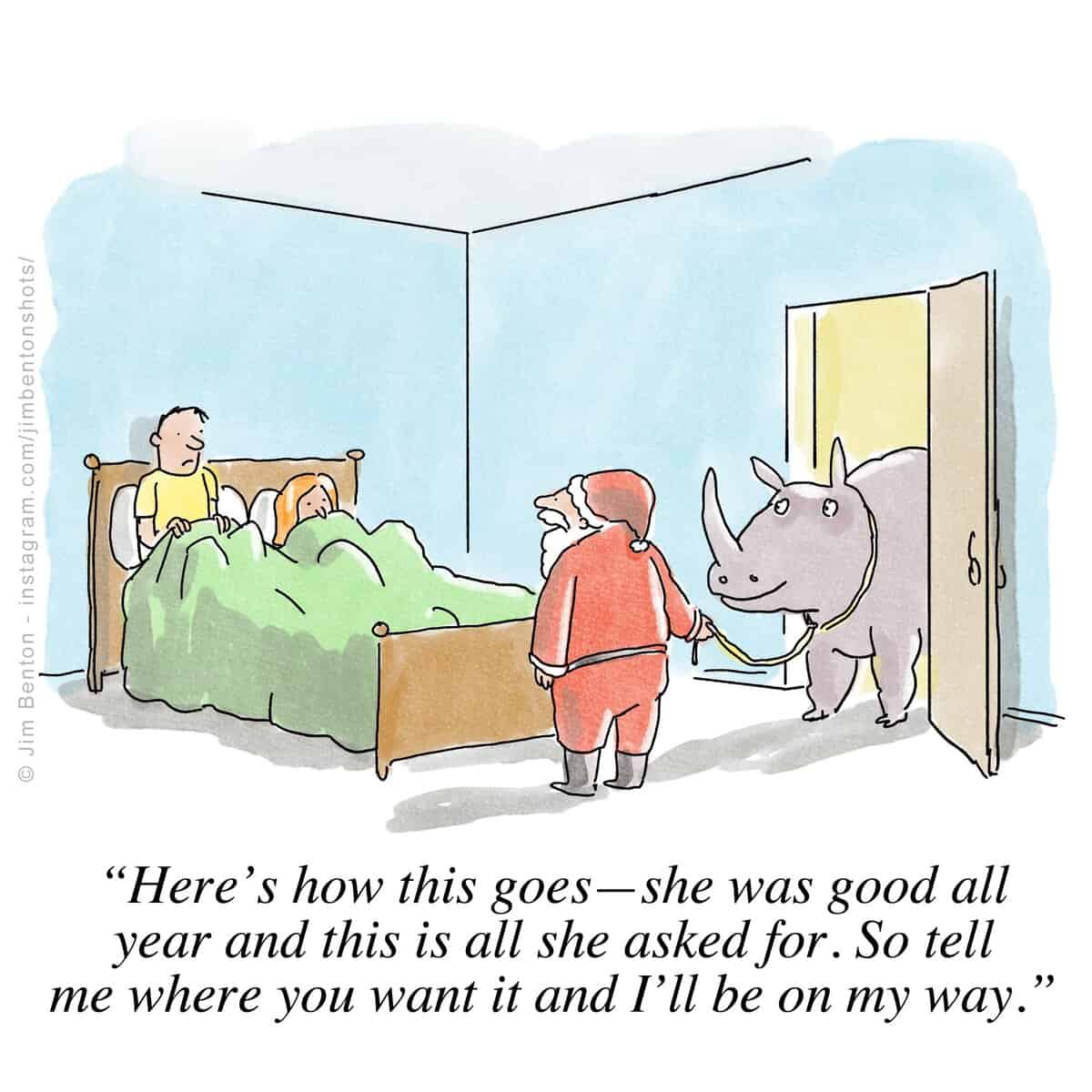 Santa Claus bringing a live rhinoceros into a bedroom for a surprised couple.