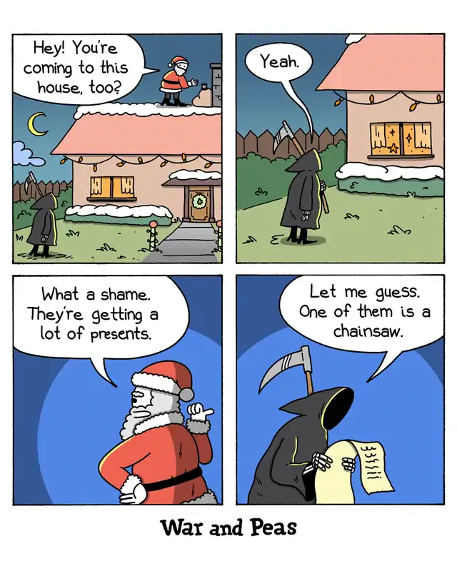 Santa Claus meeting Grim Reaper on roof discussing presents and a chainsaw.