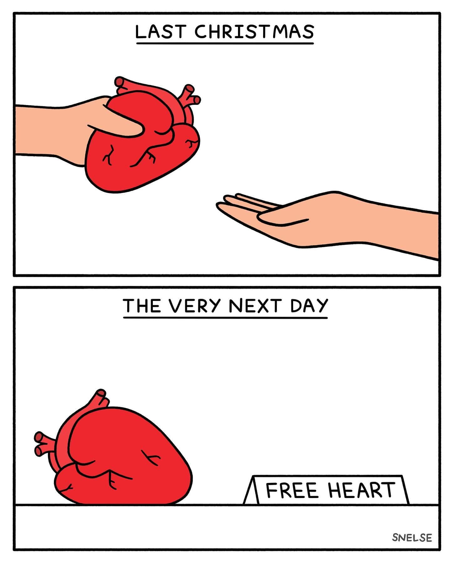 Comic showing hand giving anatomical heart and then heart in free box next day.