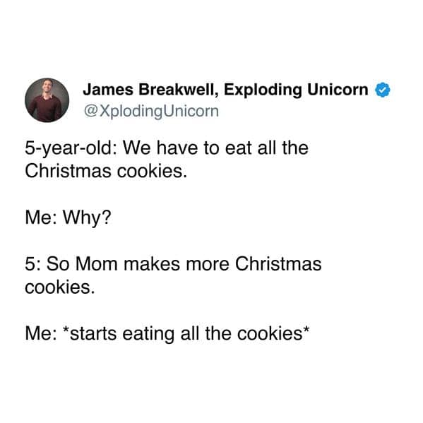 A christmas cookie meme showing a dad helping a 5-year-old eat treats.