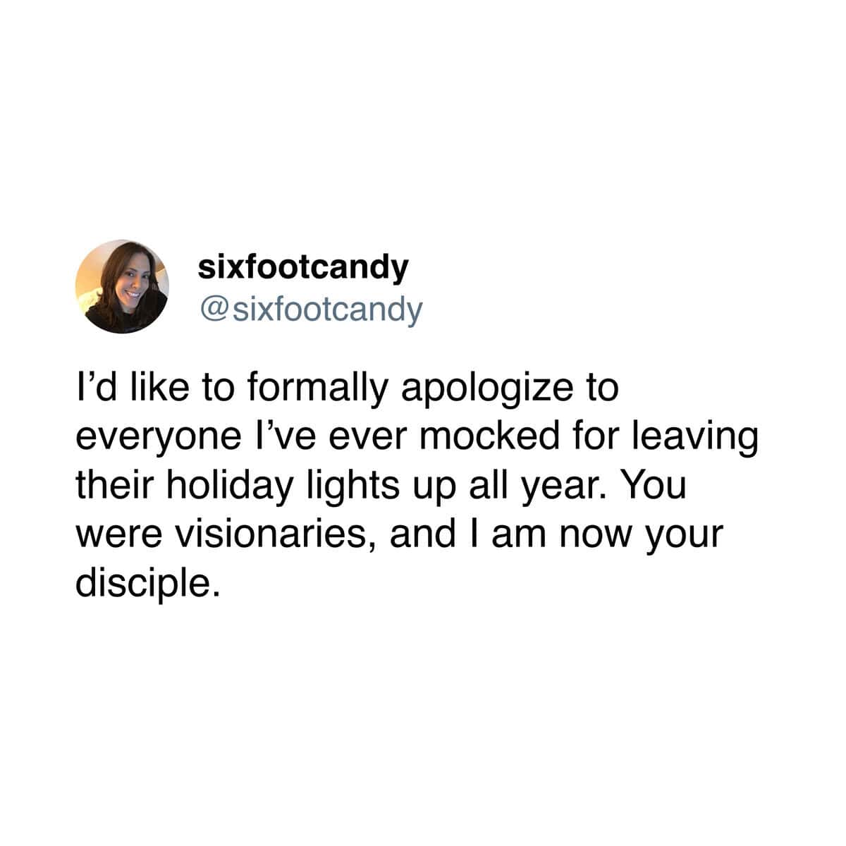 A christmas decoration meme of a tweet apologizing for mocking permanent holiday lights.