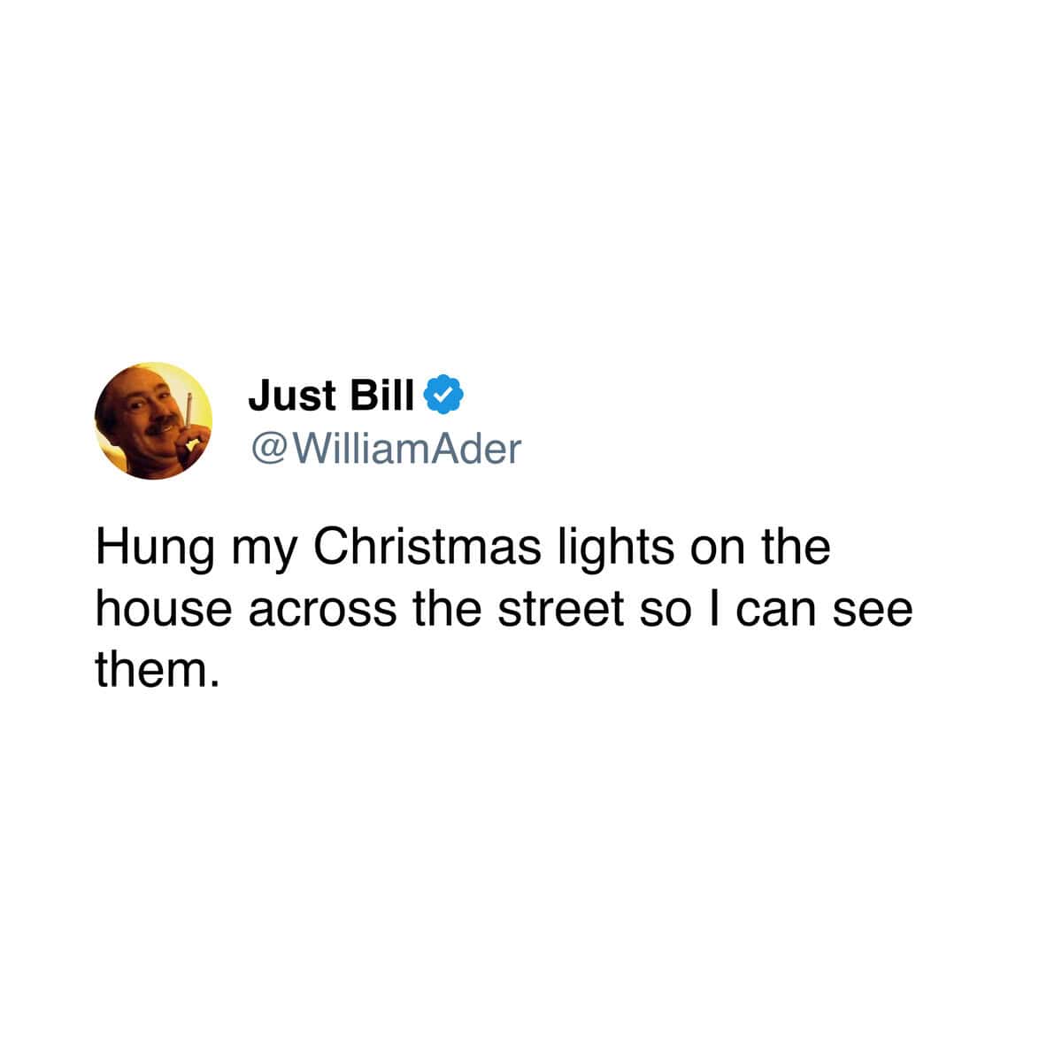 A christmas decoration meme of a tweet about hanging lights on a neighbor's house.