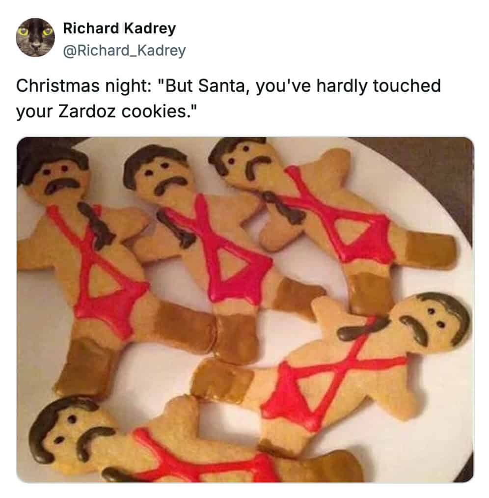 Gingerbread men decorated to look like Sean Connery from Zardoz with red suspenders.