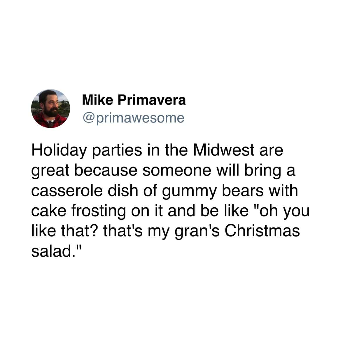 Tweet describing a chaotic Midwest holiday party dish made of gummy bears and frosting.