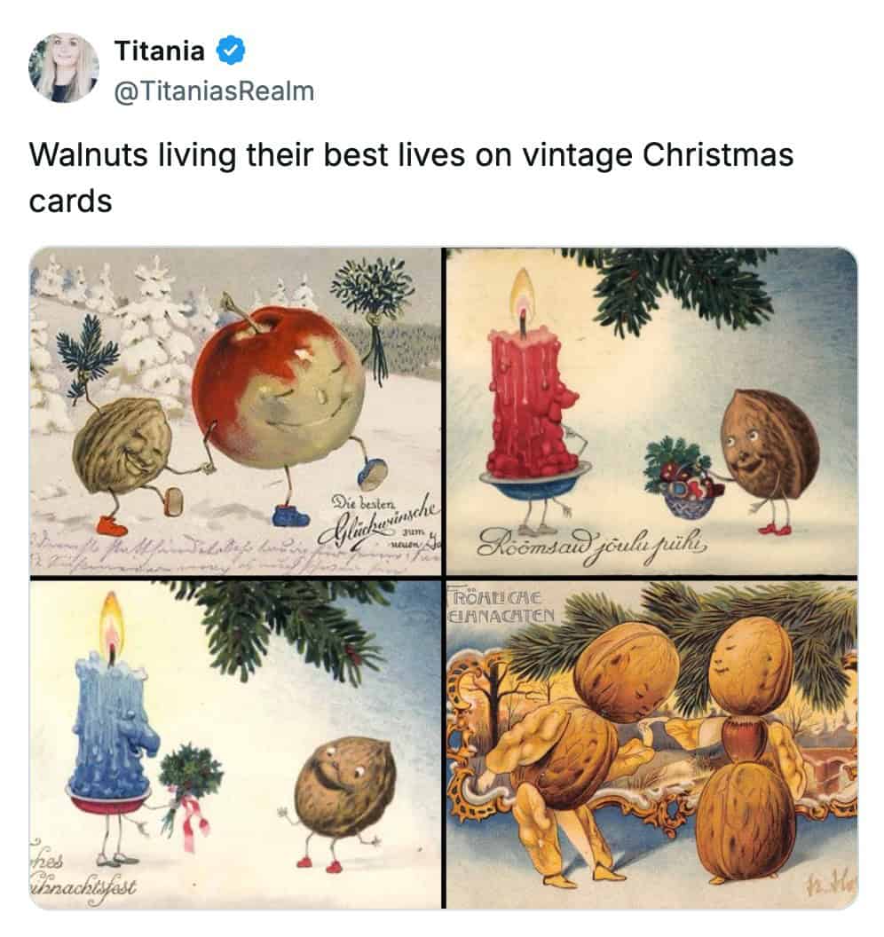 Vintage holiday cards featuring anthropomorphic walnuts dancing and sledding in winter scenes.