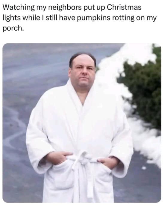 A christmas meme of Tony Soprano watching neighbors decorate while he still has pumpkins.