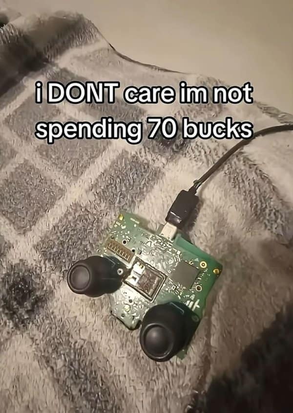 A classic meme of a stripped circuit board used as a controller to save money.