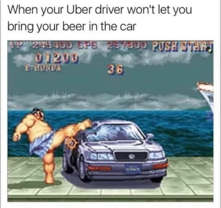 Pixelated scene from Street Fighter showing a character kicking a car in a classic meme.