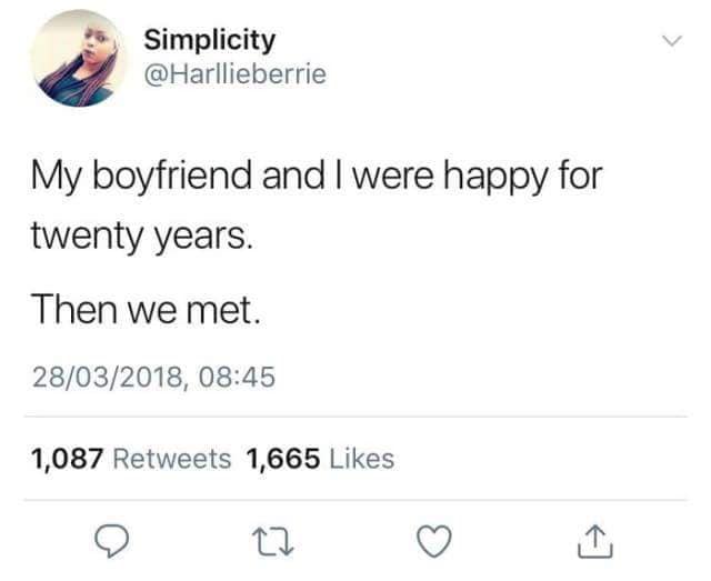 A classic meme tweet about a relationship timeline twist.