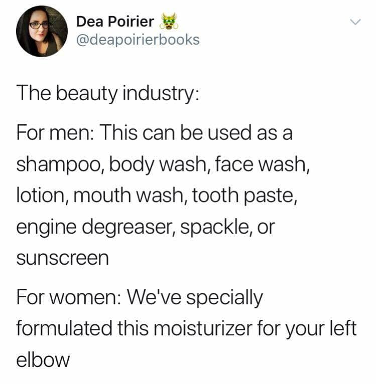 A classic meme tweet comparing men's 18-in-1 soap to specific women's skincare.