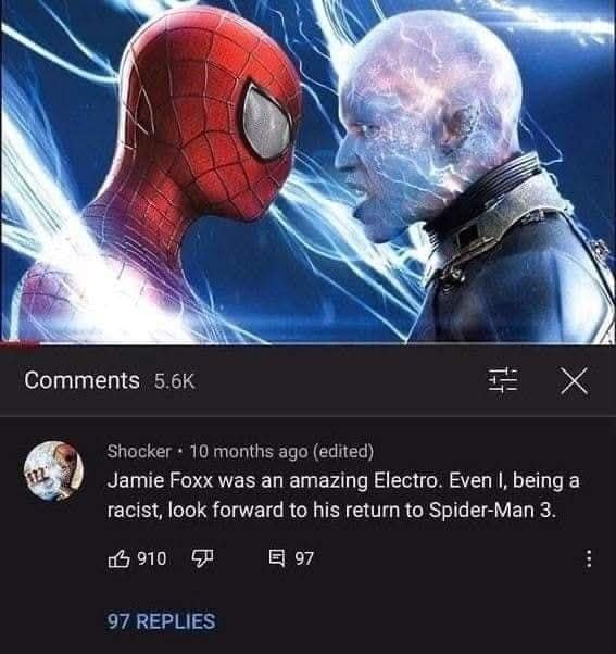 A classic meme tweet about looking forward to Jamie Foxx as Electro even as a racist.