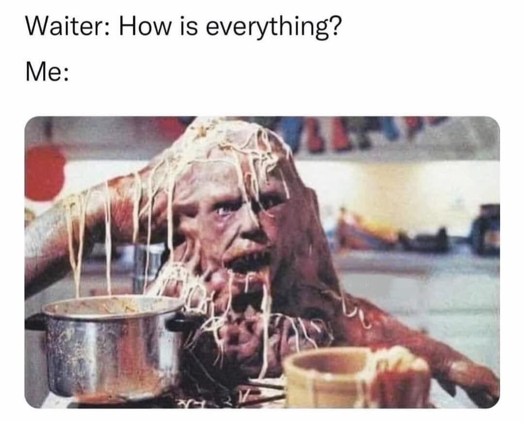 A classic meme showing a monster from The Fly eating while a waiter asks how everything is.