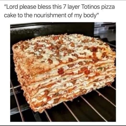Stack of Totino's party pizzas baked into a cake block in a classic meme.