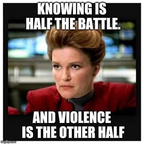 A classic meme of Captain Janeway from Star Trek choosing violence as the other half of the battle.