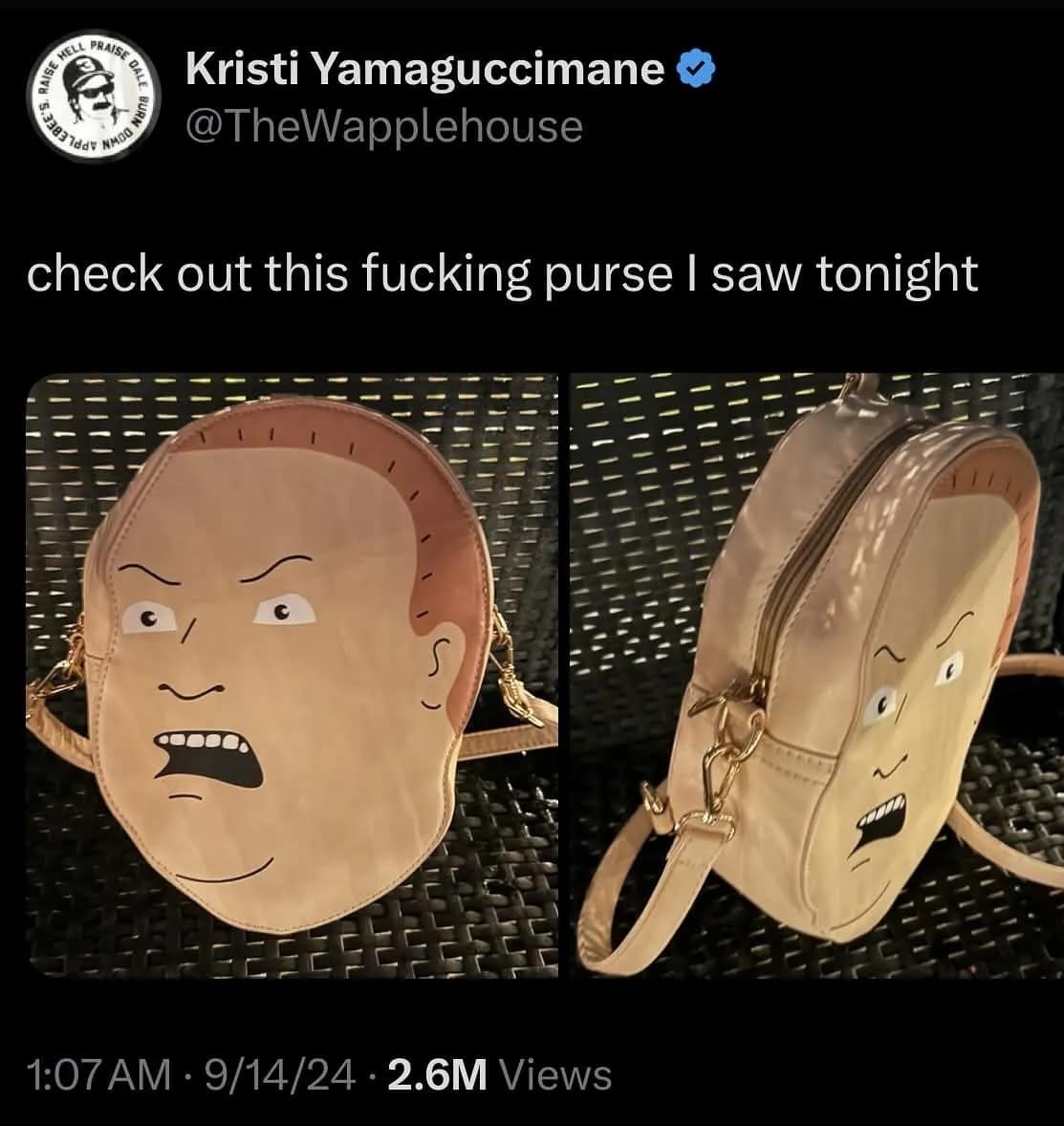 A purse shaped like Bobby Hill from King of the Hill in a classic meme.