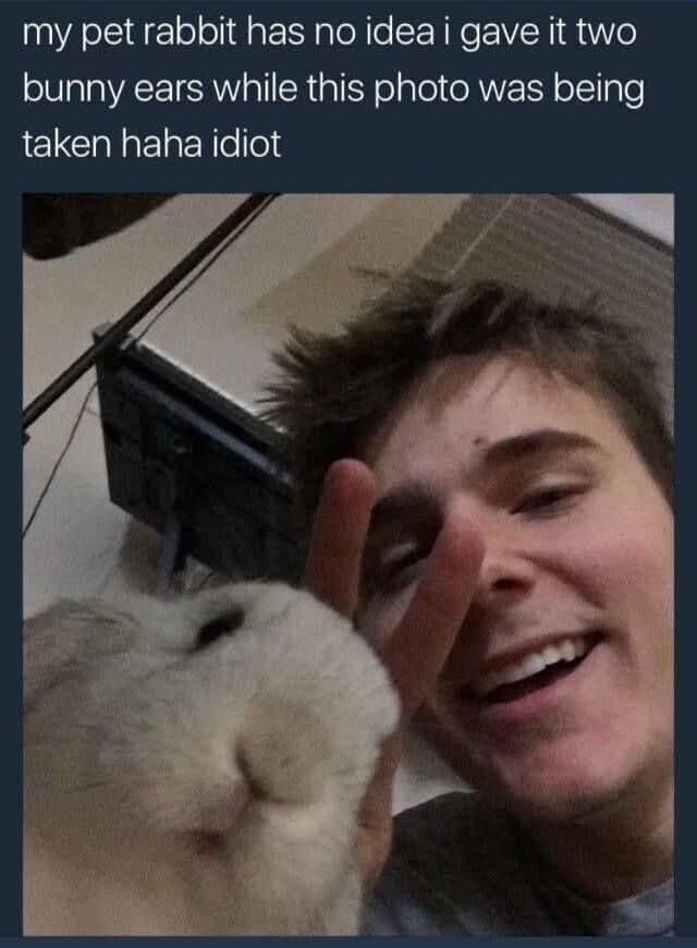 Someone holding up bunny ears behind a rabbit in a classic meme selfie.