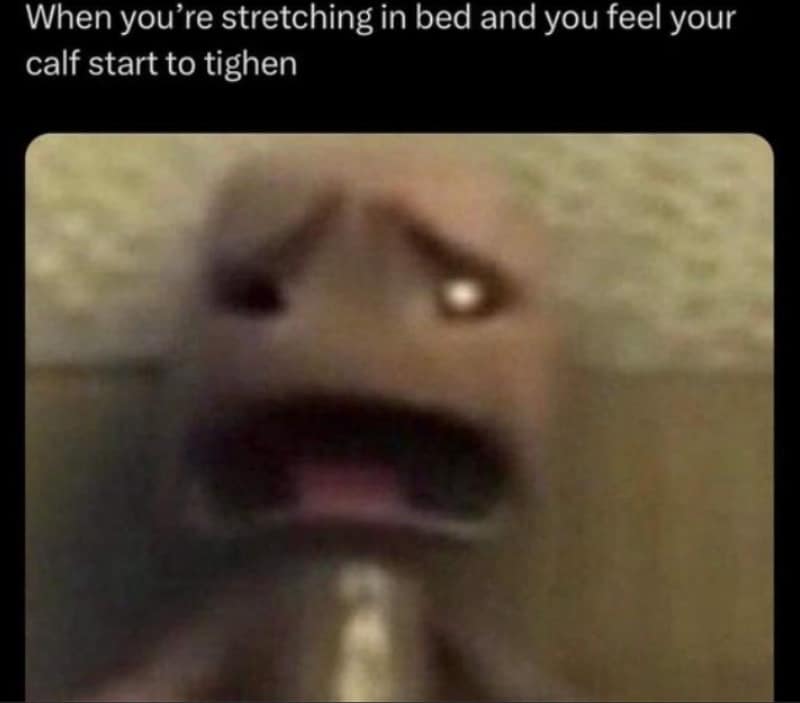 A classic meme of a clay face reacting to a calf cramp.