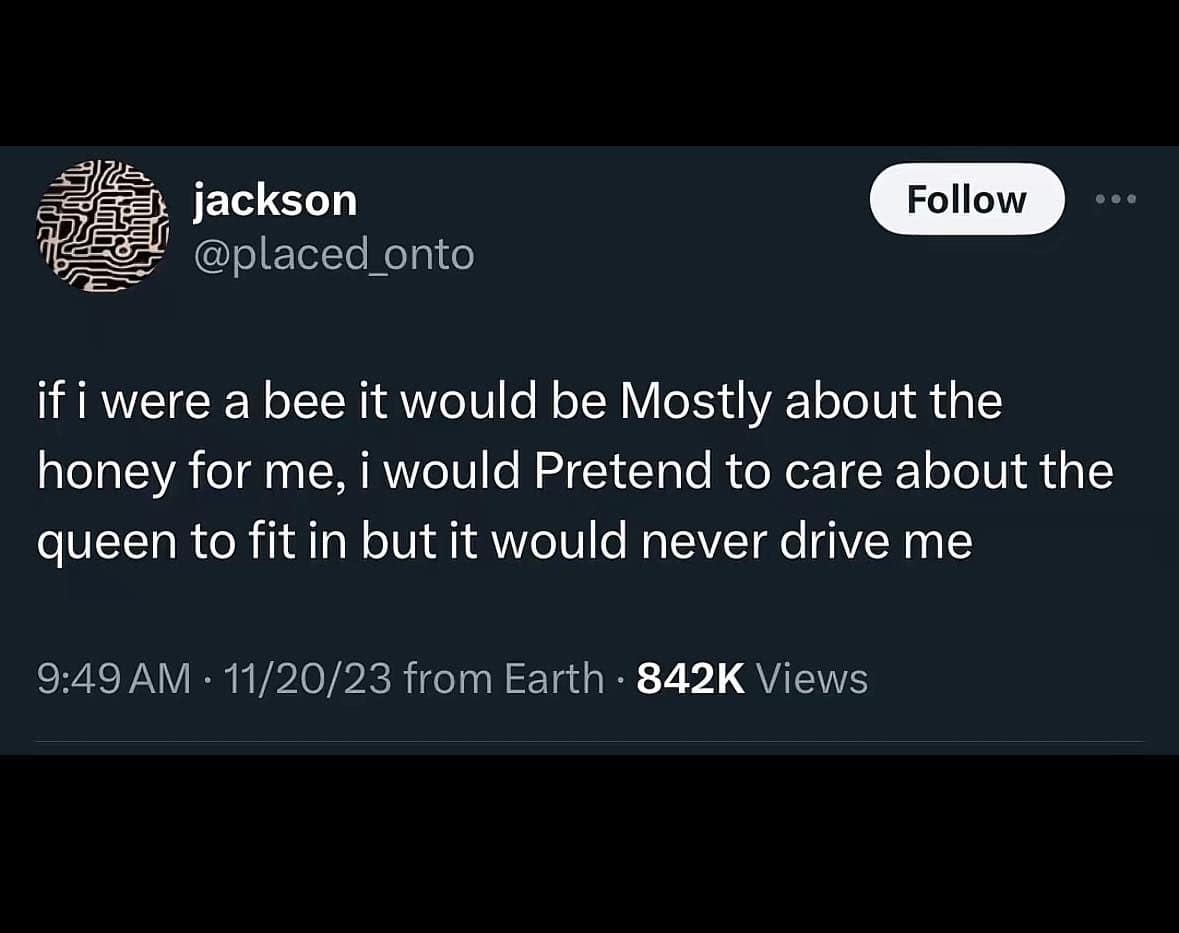 A classic meme tweet about a bee pretending to care about the queen for honey.