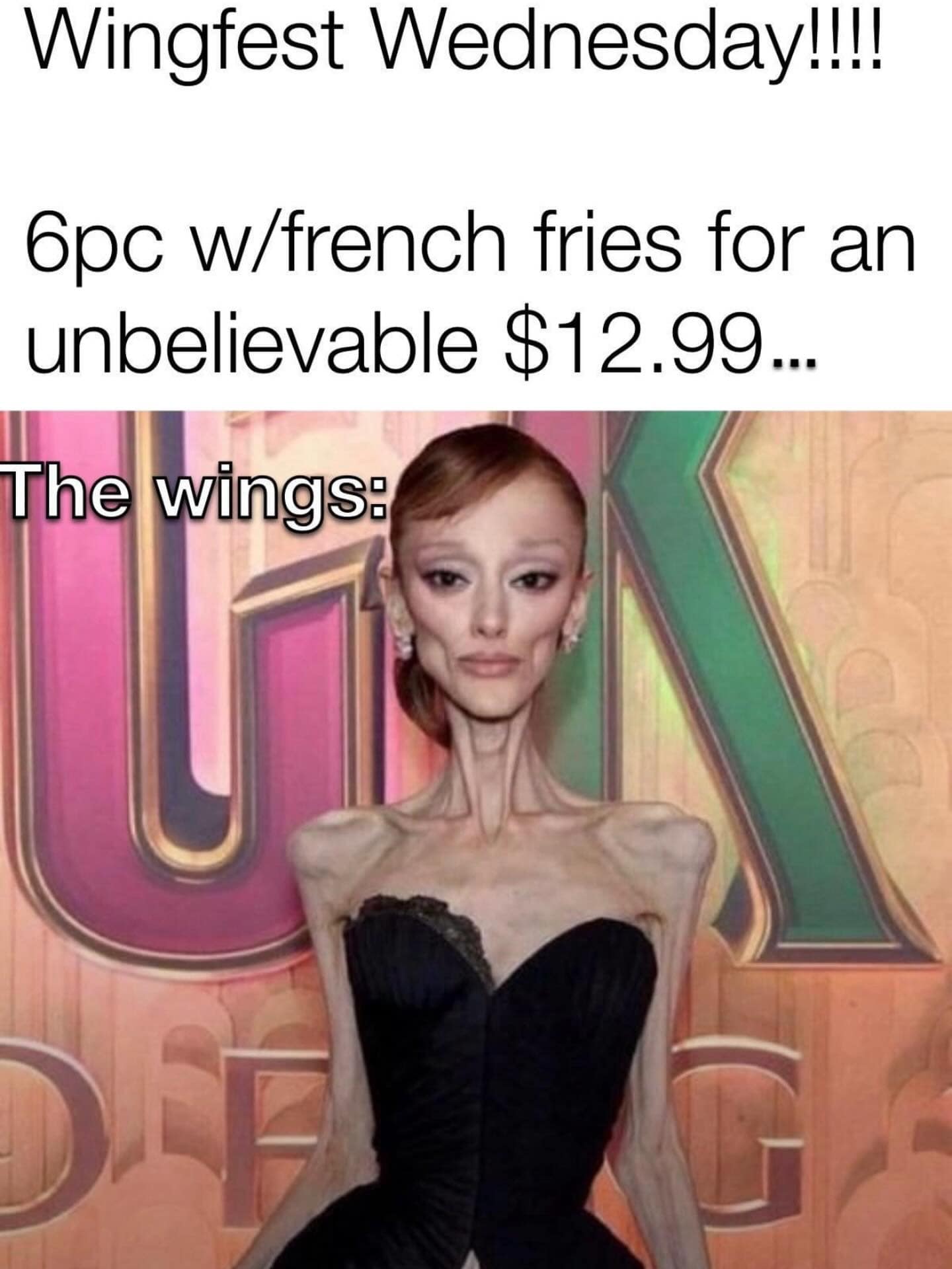 A funny meme comparing Wingfest chicken wings to a very thin fashion model.