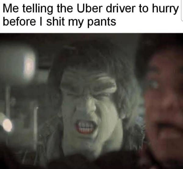The Incredible Hulk transforming in a car in a classic meme about bathroom emergencies.