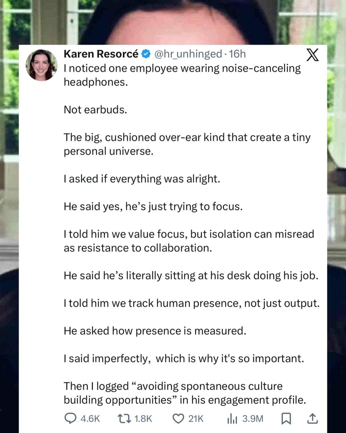 Parody tweet about toxic HR culture using Anne Hathaway photo as a classic meme