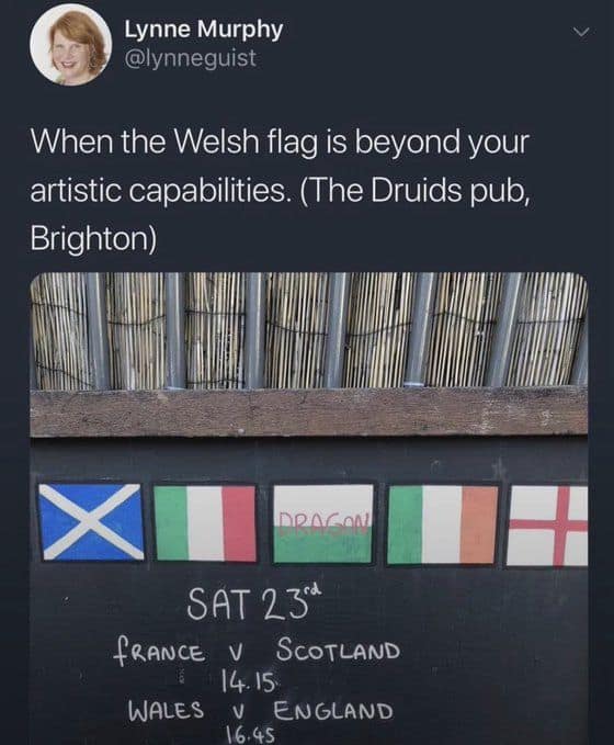A classic meme showing a lazy attempt at drawing the Welsh flag.