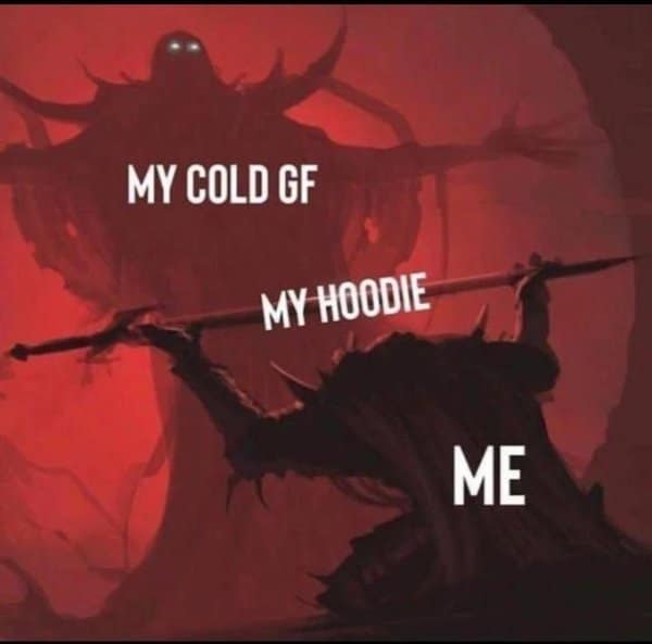 A classic meme using a Dark Souls boss to represent a cold girlfriend demanding a hoodie.