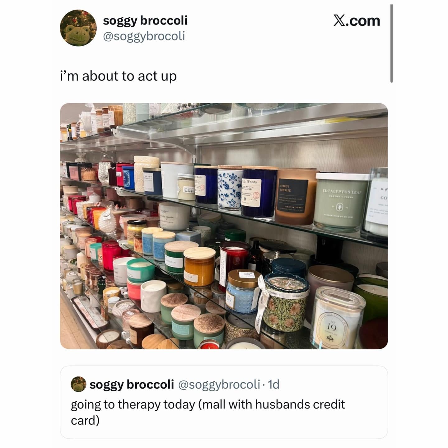 A classic meme tweet about going to therapy which is actually buying candles at the mall.