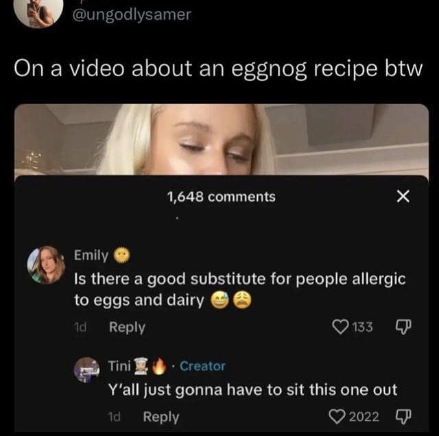 TikTok comment section refusing to substitute eggs in nog for a classic meme