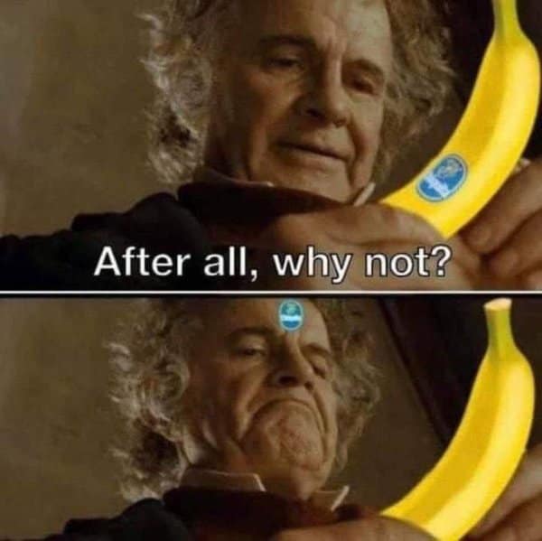 A classic meme of Gandalf debating putting a Chiquita banana sticker on his forehead.