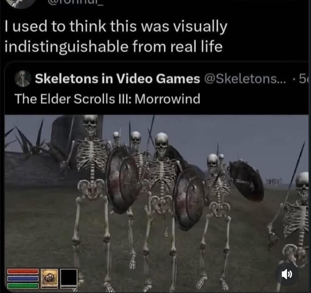 A vintage meme comparing low poly Morrowind skeletons to real life graphics.