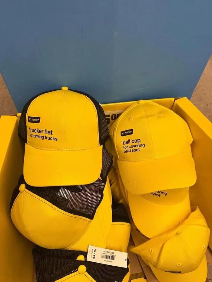 A funny photo of No Name brand hats labeled for driving trucks and covering bald spots.