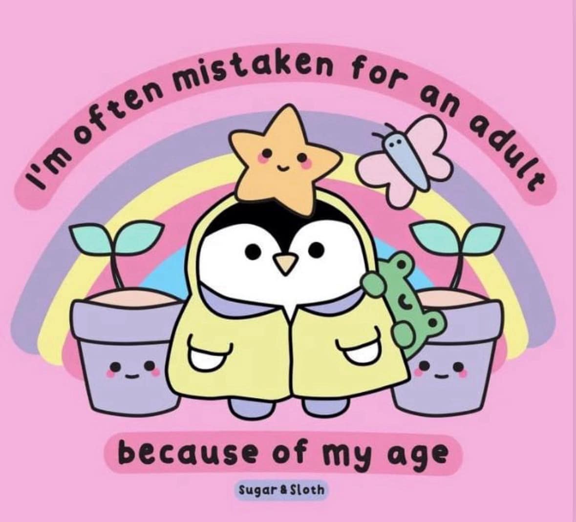 A wholesome classic meme illustration of a penguin claiming to be mistaken for an adult.