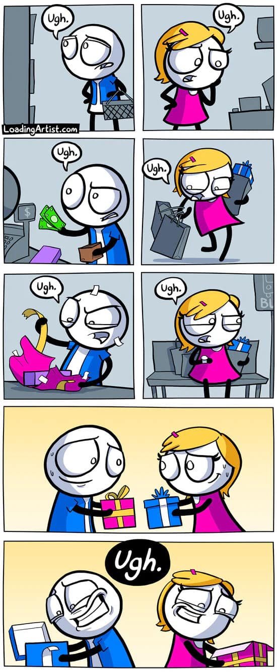 A classic meme comic strip showing a character hating shopping but loving buying gifts.