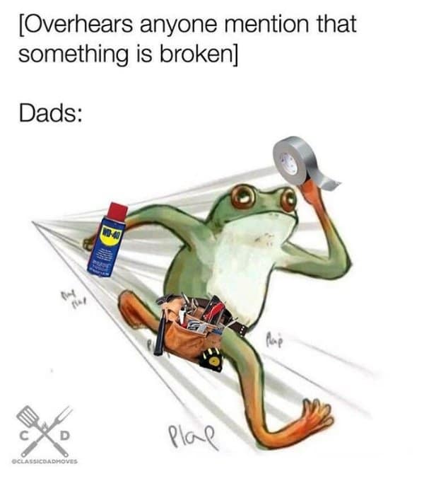 A classic meme of a frog dad rushing to fix something.