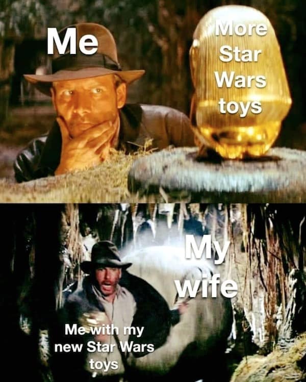 A classic meme of Indiana Jones swapping the idol for Star Wars toys.
