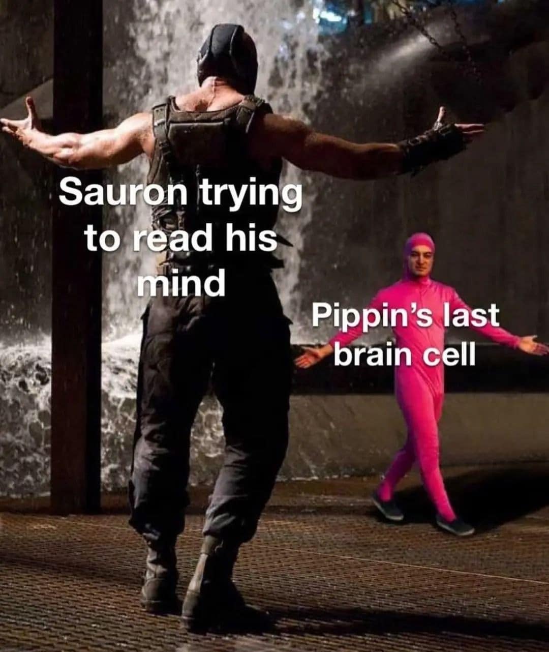A classic meme template of Bane vs Pink Guy labeled Sauron and Pippin's last brain cell.