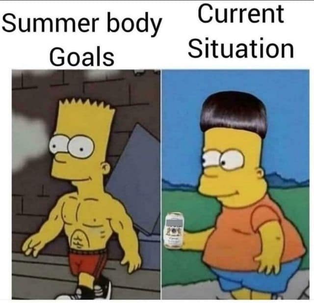 A classic meme comparing a buff Bart Simpson summer body goal to a chubby Bart drinking beer.