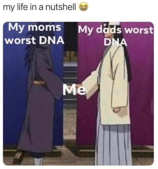 A classic meme using Naruto to explain bad genetics.