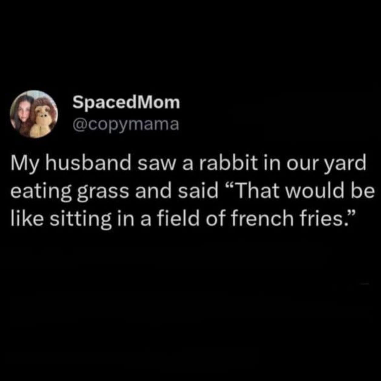 A viral tweet comparing a rabbit eating grass to a human sitting in a field of french fries.