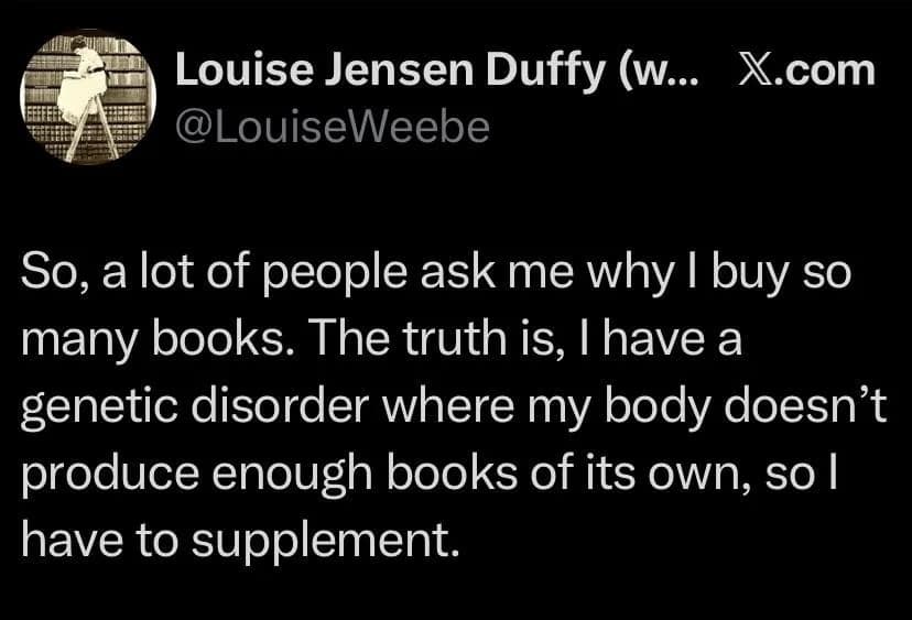 A viral tweet joking about buying books as a supplement for a genetic disorder.